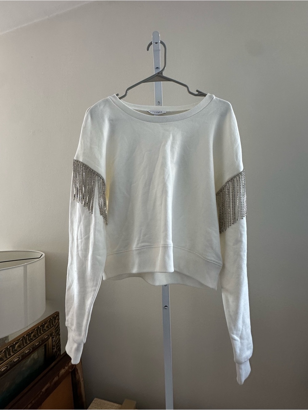 INTERMIX Cream Crewneck Sweatshirt with Silver Fringe Trim
